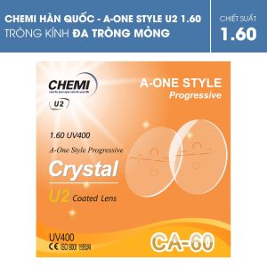 Tròng kính đa tròng Chemi UV400 A-One Style Crystal U2 Coated 1.60 bề mặt tròng kính trơn láng và cứng, bền hơn gấp 3 lần so với lớp phủ của tròng kính váng dầu phổ thông khác, sử dụng lâu vẫn như mới. Chứa các phân tử Polymer, khiến cho bề mặt trọng kính sáng, bóng và cứng. Tính năng phòng chống tia tử ngoại và điện từ bức xạ, bảo về toàn diện mắt của bạn, an toàn hơn và đáng tin cậy hơn.