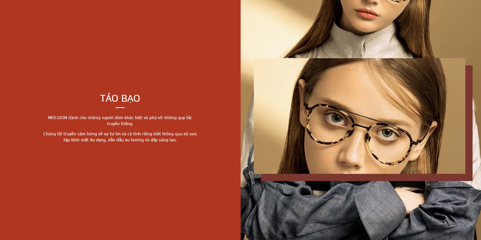 Molsion Eyewear là một thương hiệu kính mắt thời trang nổi tiếng, được yêu thích bởi giới trẻ nhờ phong cách hiện đại, thiết kế sáng tạo và chất lượng cao. Thương hiệu này thuộc sở hữu của tập đoàn EssilorLuxottica – một trong những công ty hàng đầu thế giới về kính mắt.