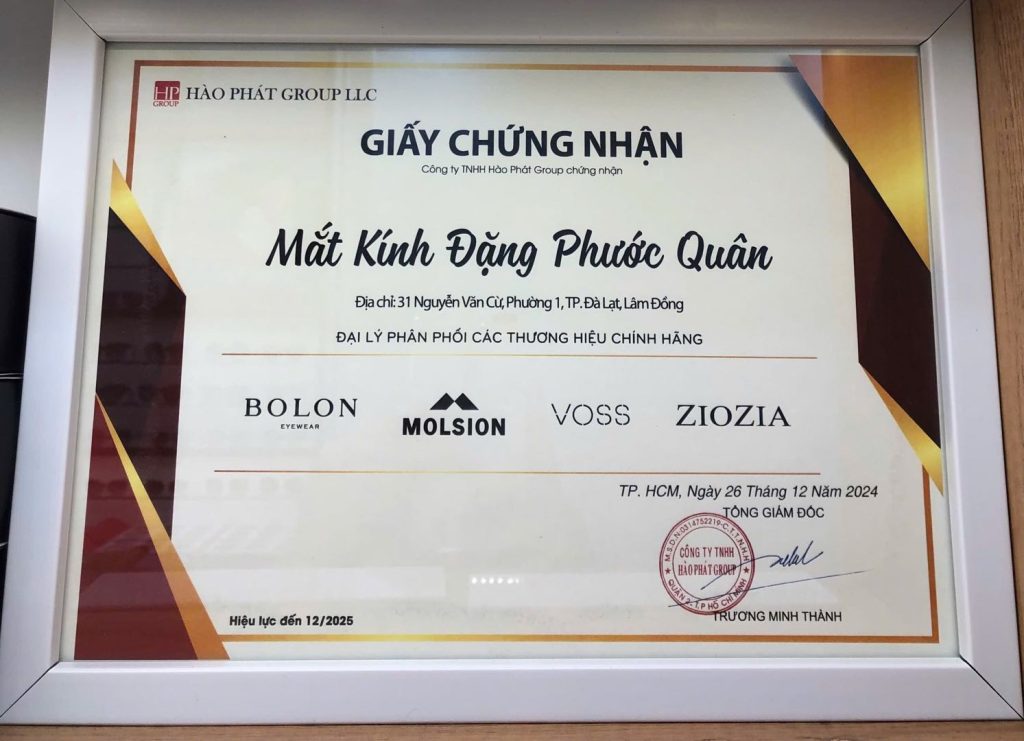 Chứng nhận đại lý Đặng Phước Quân về các sản phẩm gọng kính và tròng kính chính hãng