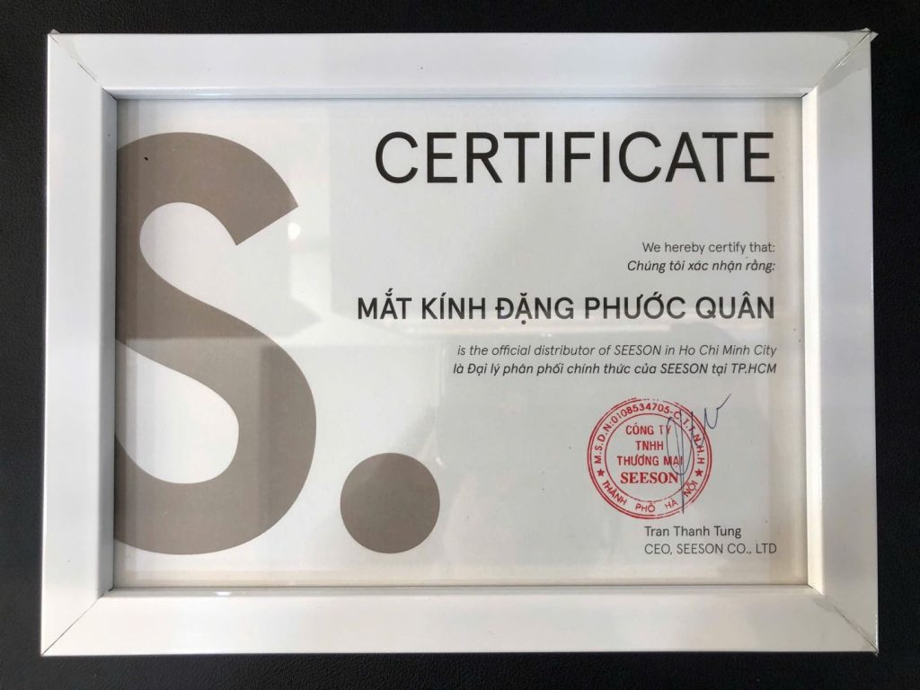 Chứng nhận đại lý Đặng Phước Quân về các sản phẩm gọng kính và tròng kính chính hãng