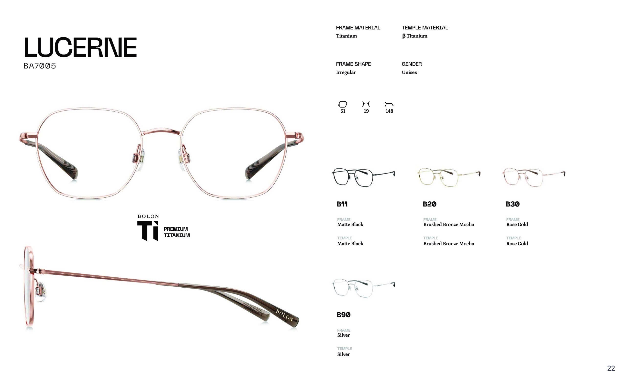Gọng kính Bolon Lucerne BA7005 lấy cảm hứng từ văn hóa Pháp, mang đến vẻ đẹp sang trọng, quý phái và tinh tế. Thiết kế đặc biệt để ôm khít khuôn mặt, mang lại cảm giác thoải mái, đảm bảo độ bền, nhẹ nhàng và an toàn cho mắt.