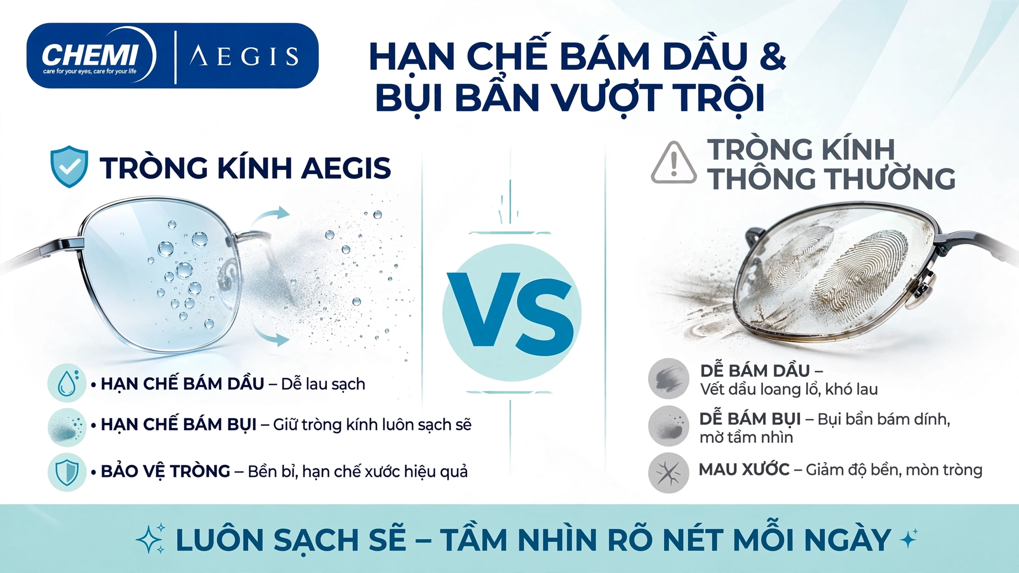 Tròng kính Chemi AEGIS hạn chế bám dầu và bụi bẩn