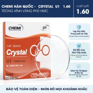 Tròng kính Chemi Crystal U1 Coated chiết suất 1.60 phủ HMC