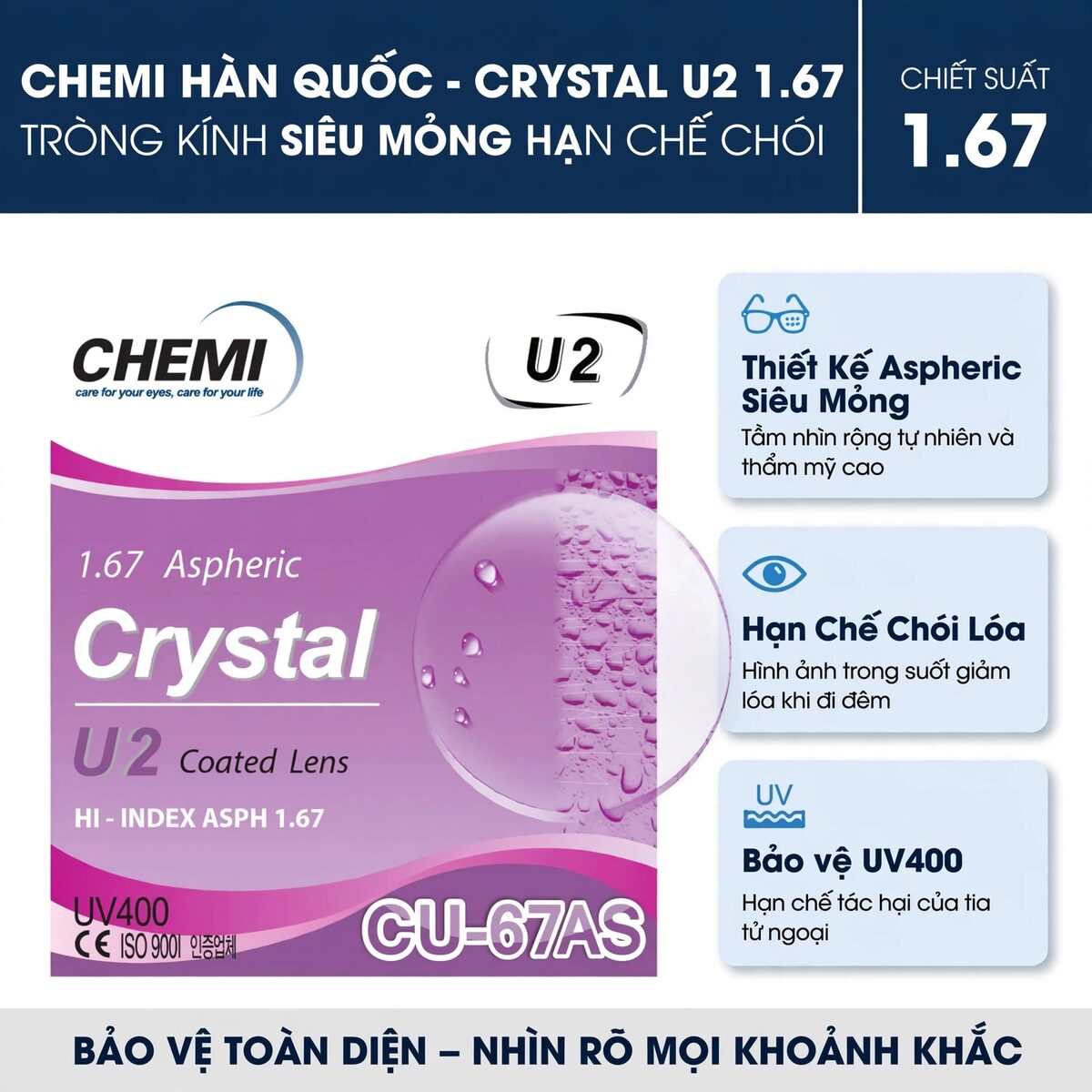 Tròng kính Chemi Crystal U2 Coated 1.67