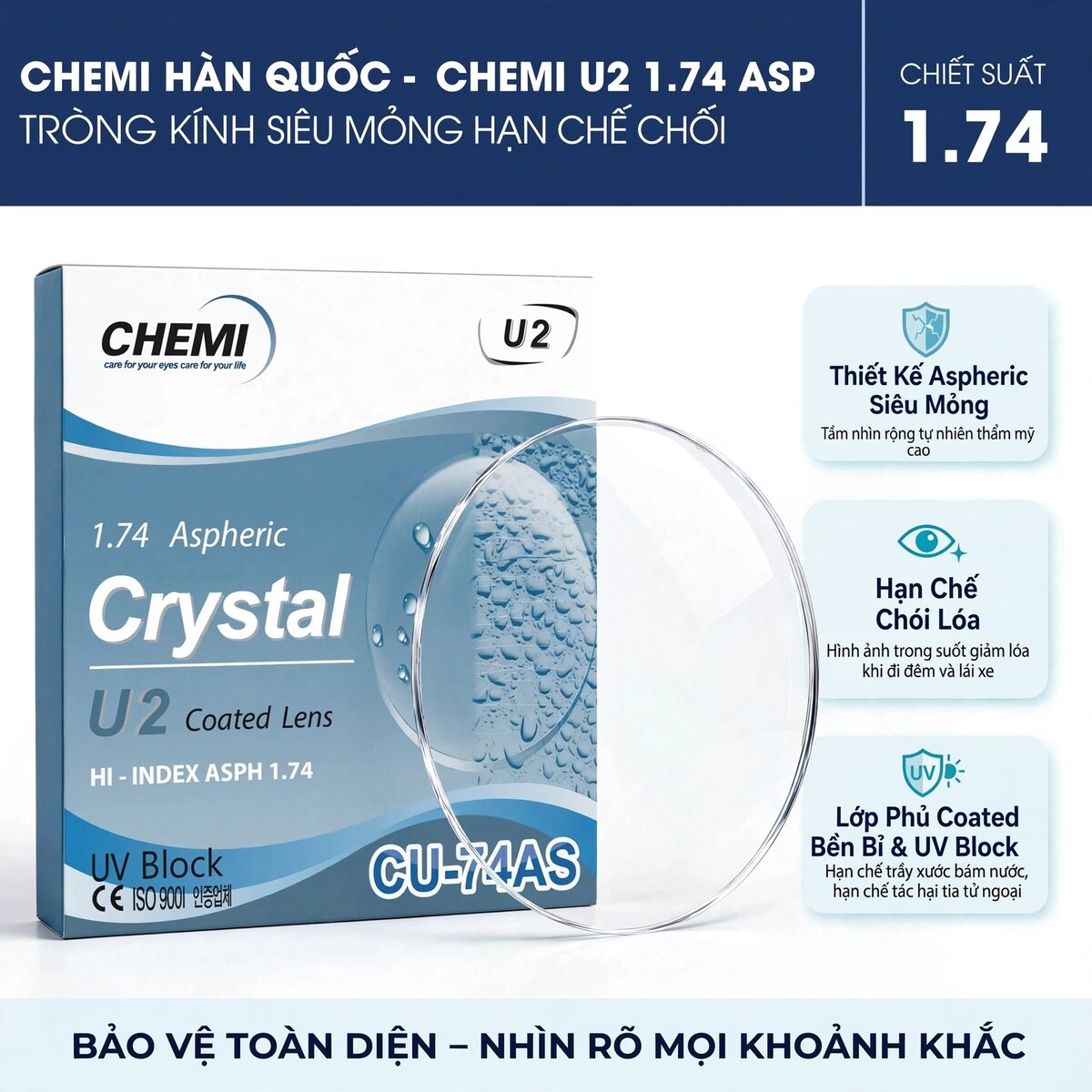 Tròng kính Chemi Crystal U2 Coated 1.74