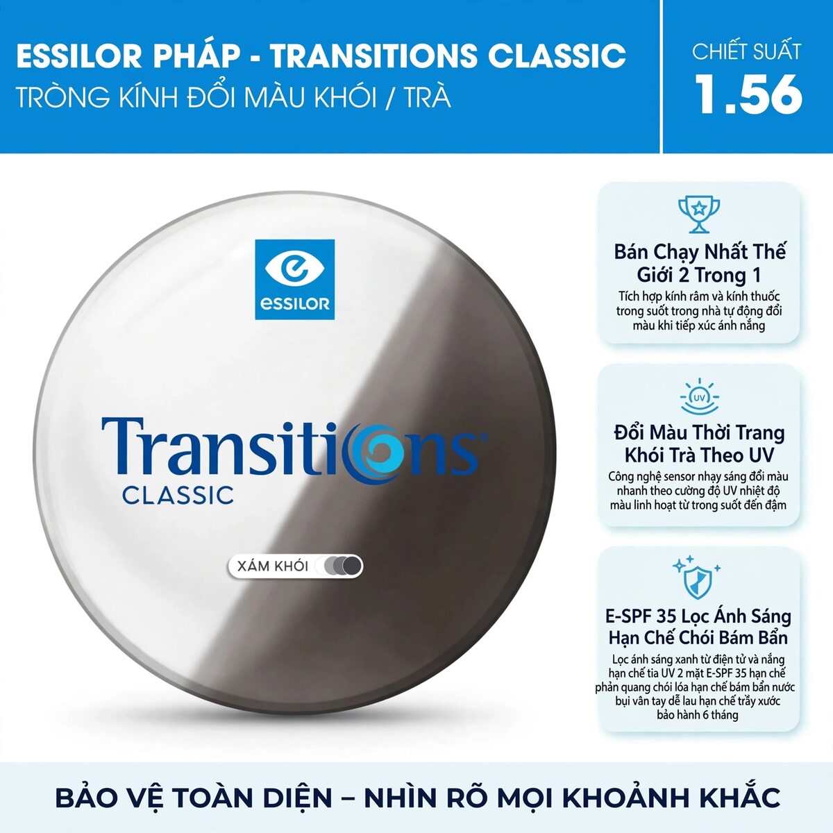 Tròng kính đổi màu Essilor Transitions Classic (Khói/Trà)