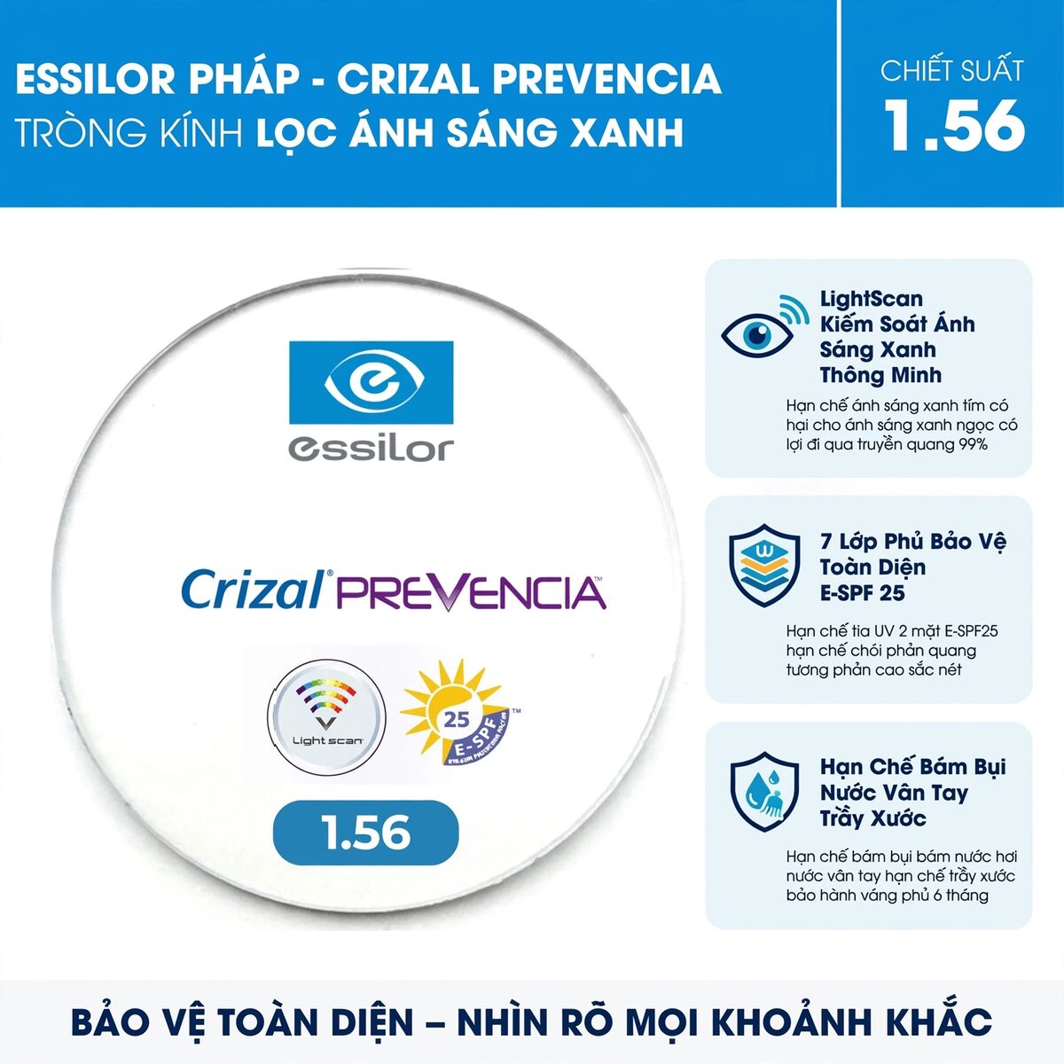 Tròng kính Essilor Crizal Prevencia 1.56 (Kiểm soát ánh sáng xanh)