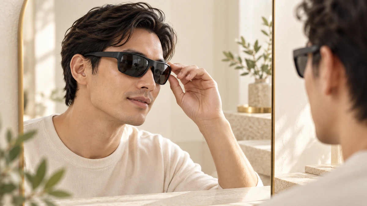 Minh họa thử kính mát thể thao Oakley trước gương, không phải kết quả fitting
