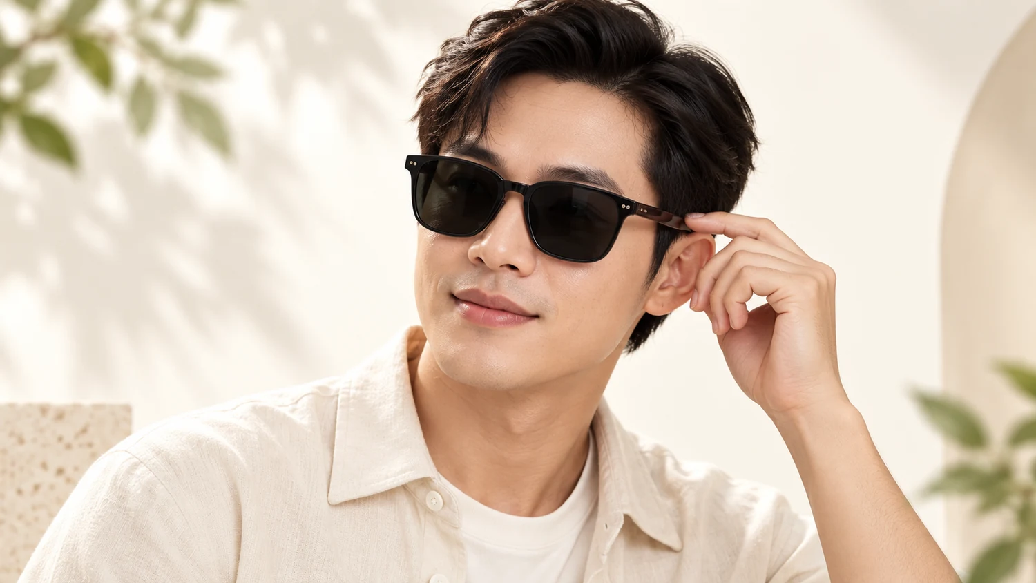 Minh họa người thử kính mát để kiểm tra độ cân và điểm tì của gọng