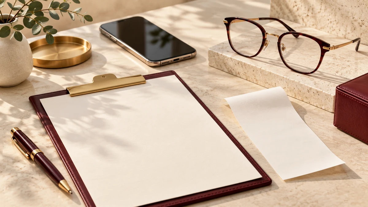 Minh họa phiếu đơn hàng trống, bút và kính trước khi xác nhận thanh toán.