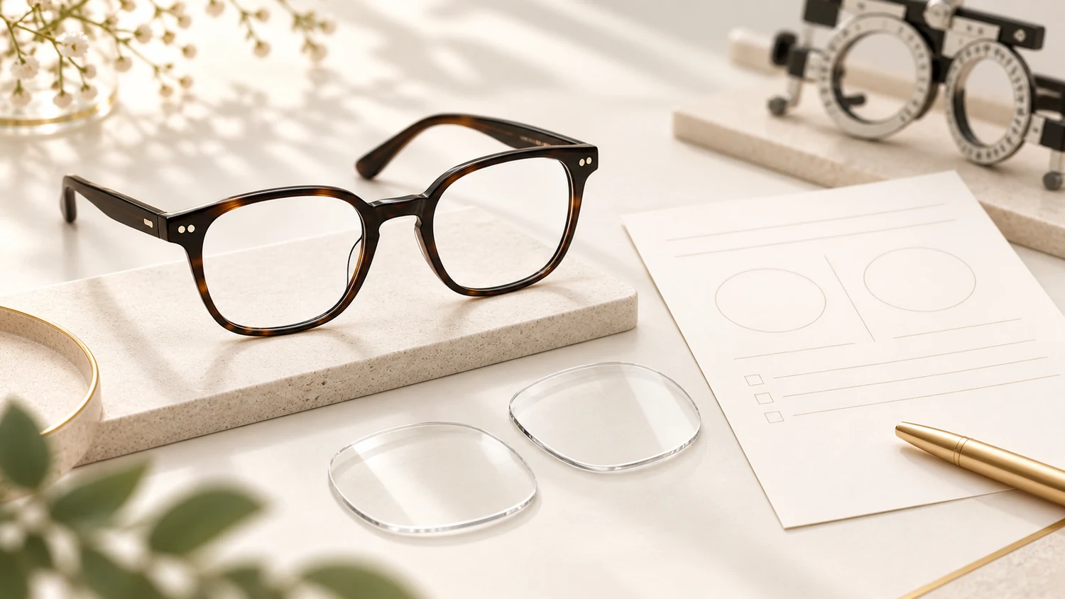 Minh họa gọng kính bên cạnh phiếu kính trống để trao đổi phương án lắp tròng có độ