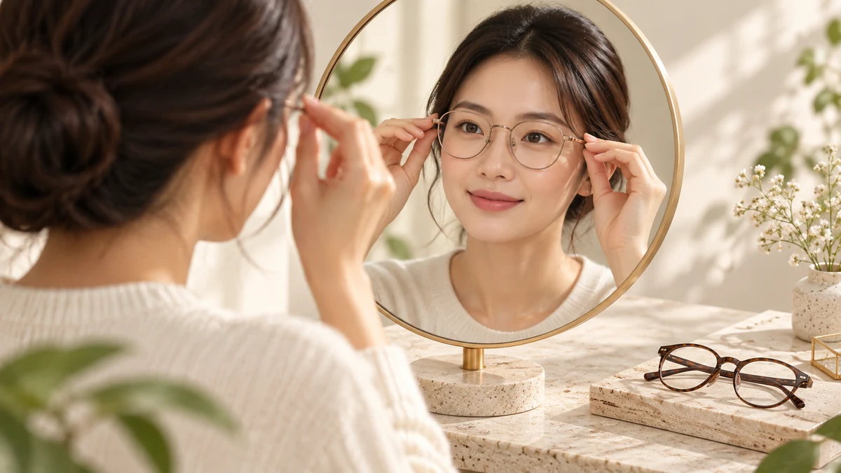 Minh họa người đang thử gọng kính trước gương để kiểm tra độ vừa