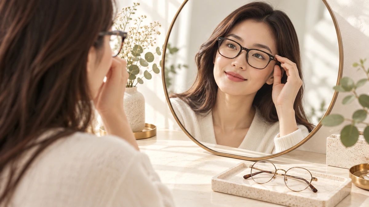 Minh họa người thử gọng kính chữ nhật trước gương để kiểm tra độ vừa