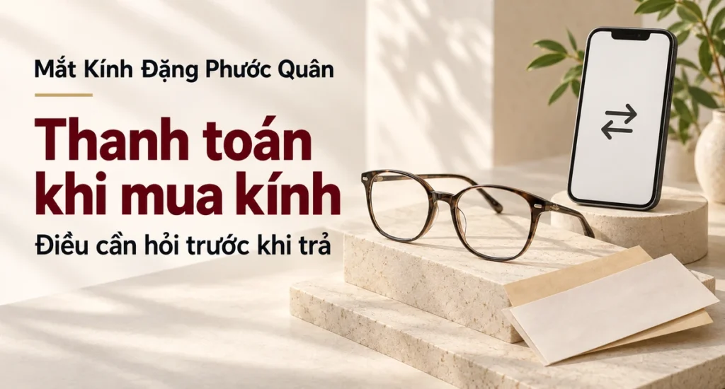 Ảnh bìa minh họa hai hình thức thanh toán và nội dung cần hỏi trước khi mua kính