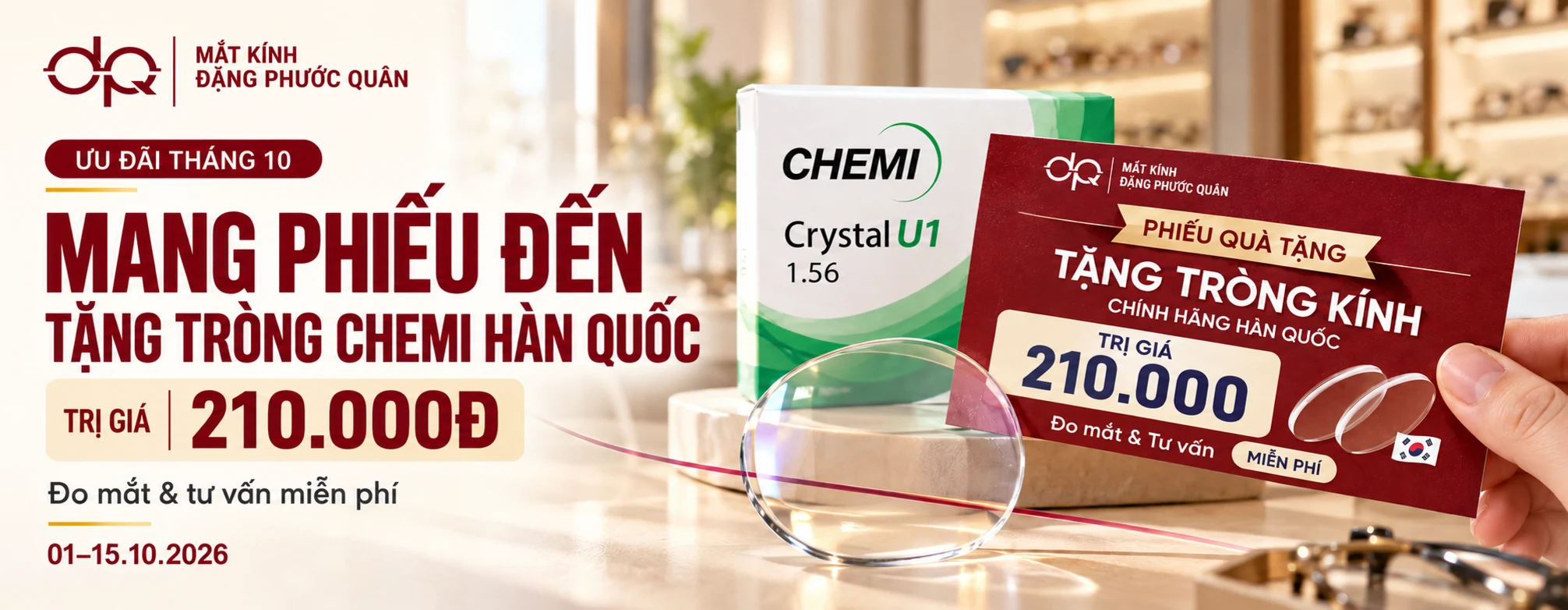 Phiếu tháng 10 tặng tròng Chemi Crystal U1 Coated 1.56 trị giá 210.000đ khi mang phiếu gốc đến tiệm
