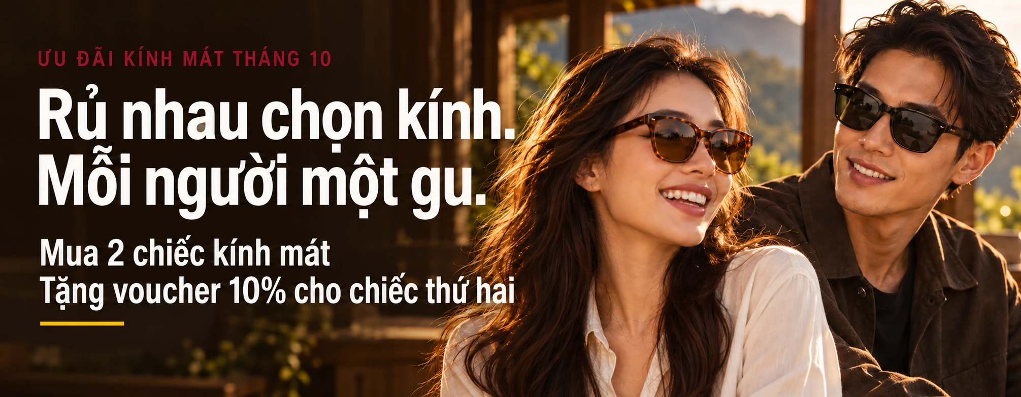 Banner ưu đãi mua hai chiếc kính mát, tặng voucher giảm 10% cho chiếc thứ hai