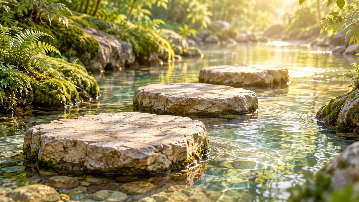 Ba phiến đá phẳng nối tiếp nhau trên dòng nước nông trong veo, ánh nắng buổi sáng rọi từ phía xa