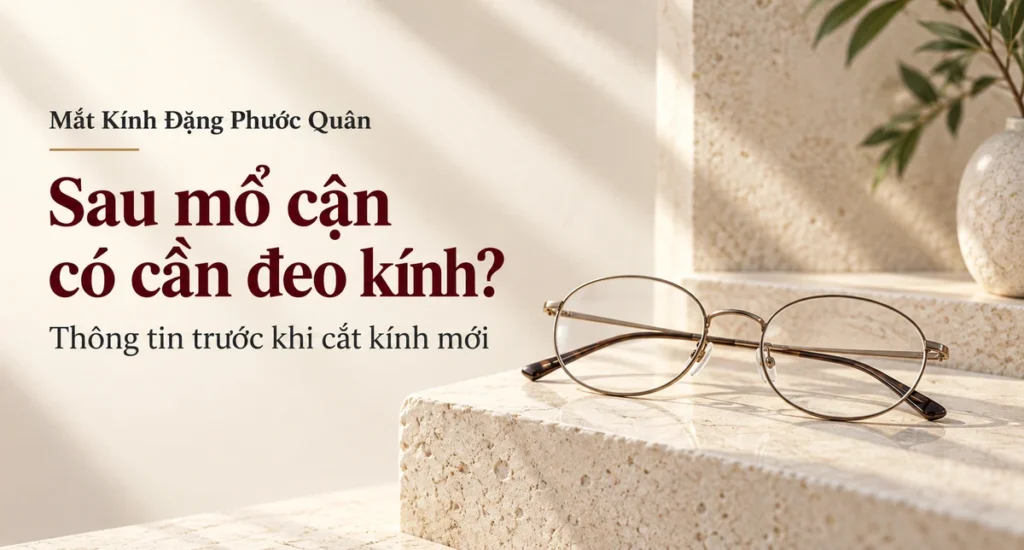 Ảnh bìa cặp kính gọng kim loại mảnh đặt trên bậc đá sáng cho bài về việc đeo kính sau mổ cận