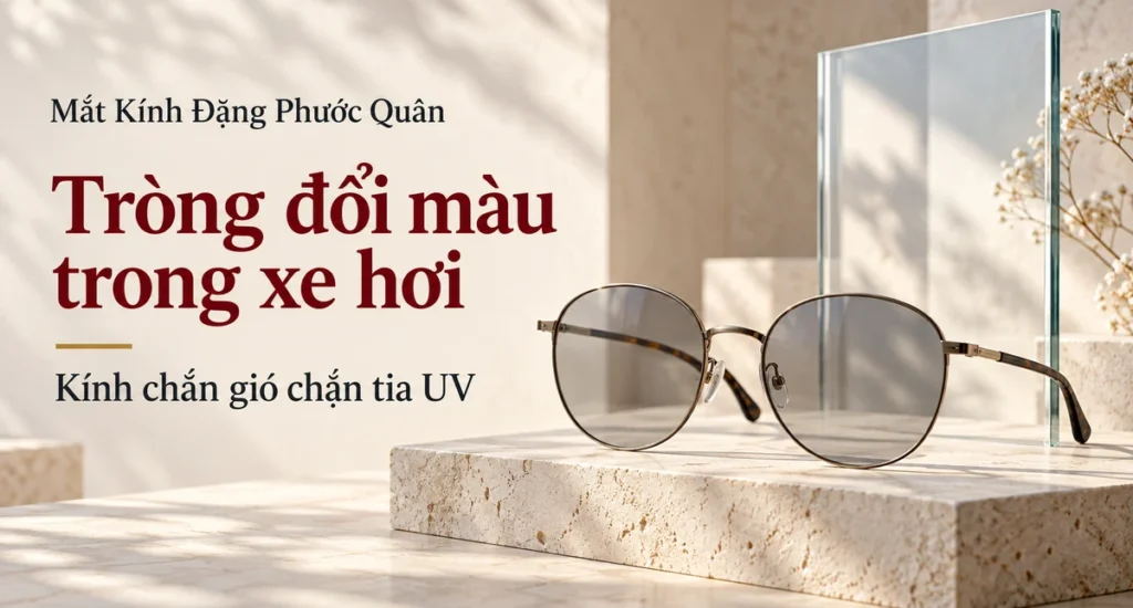 Ảnh bìa gọng kính tròn và tấm kính trong suốt cho bài về tròng đổi màu trong xe hơi