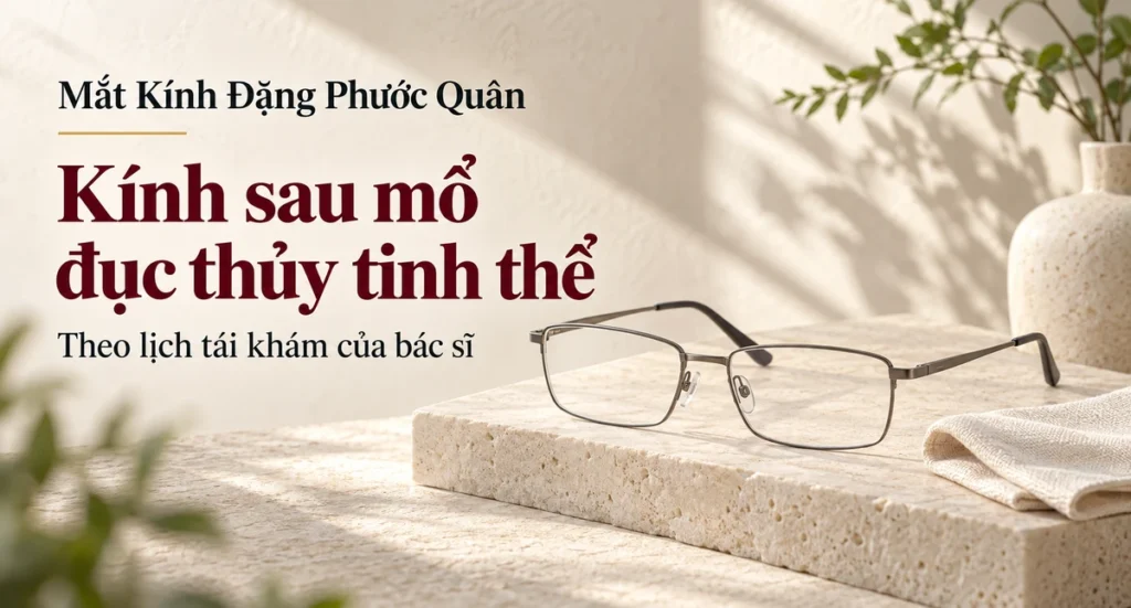 Ảnh bìa cặp kính gọng chữ nhật mảnh đặt trên bệ đá sáng cho bài về kính sau mổ đục thủy tinh thể