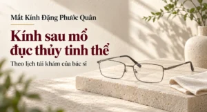 Ảnh bìa cặp kính gọng chữ nhật mảnh đặt trên bệ đá sáng cho bài về kính sau mổ đục thủy tinh thể