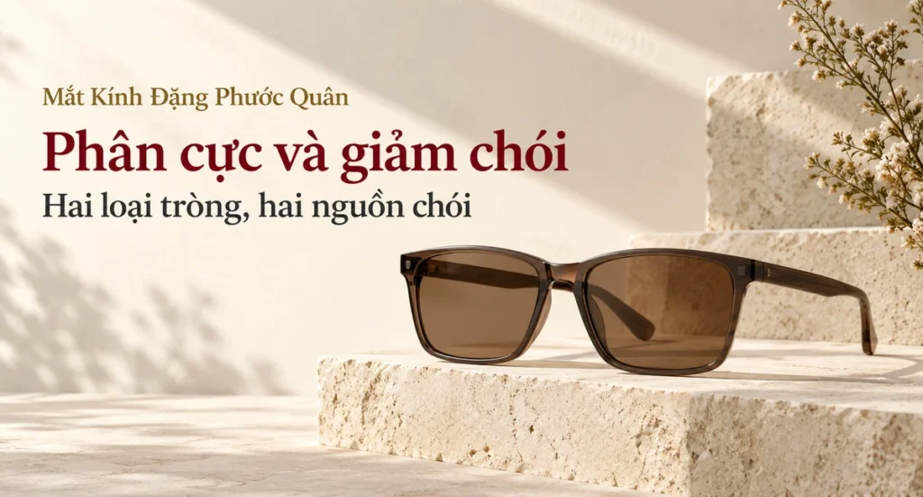 Ảnh bìa cặp kính râm gọng chữ nhật tròng nâu nhạt đặt trên bậc đá sáng cho bài so sánh tròng phân cực và tròng giảm chói