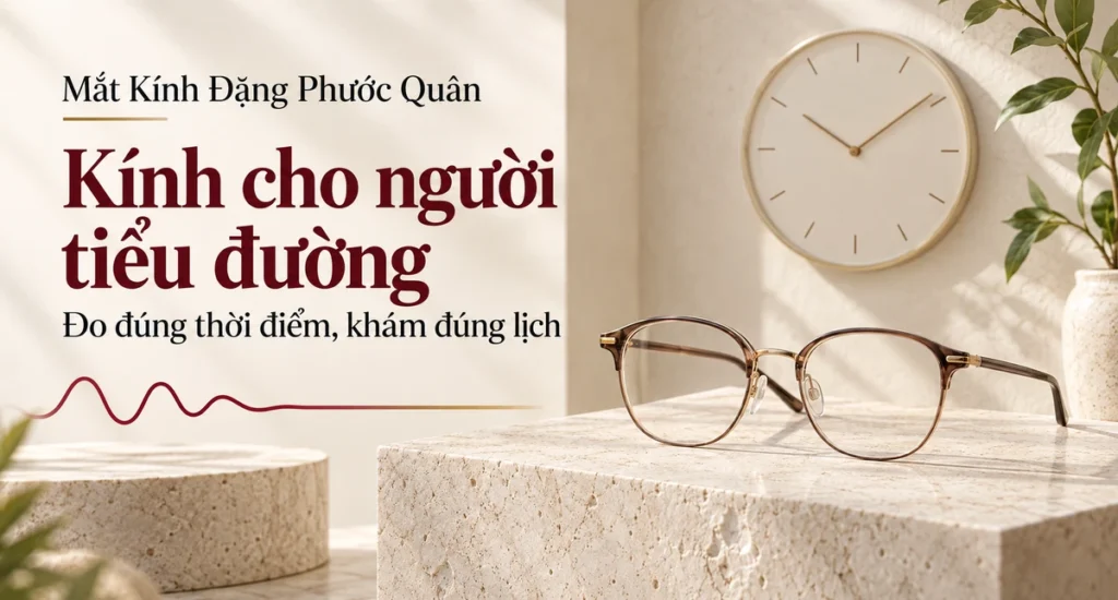 Ảnh bìa minh họa gọng kính, đồng hồ và đường chỉ số ổn định cho bài chọn kính cho người tiểu đường