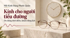 Ảnh bìa minh họa gọng kính, đồng hồ và đường chỉ số ổn định cho bài chọn kính cho người tiểu đường