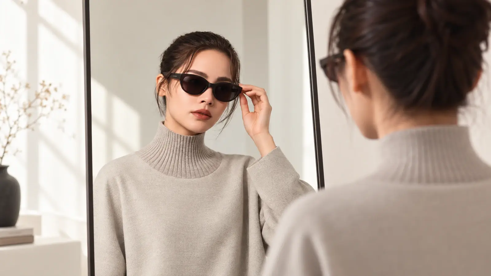 Ảnh lifestyle editorial minh họa bước kiểm tra gọng kính trước khi chọn
