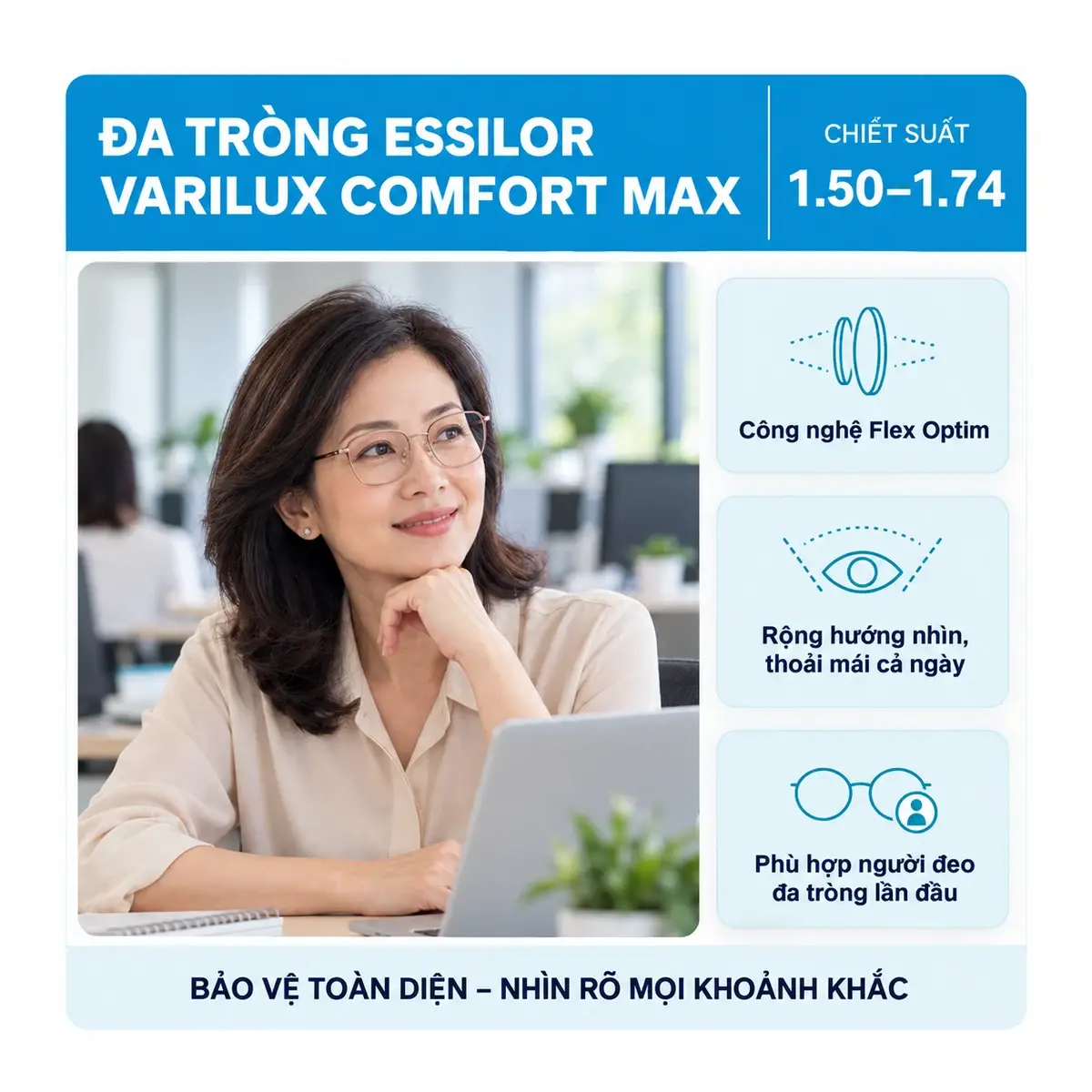 Tròng kính đa tròng Essilor Varilux Comfort Max: ảnh minh họa người đeo kính trong sinh hoạt