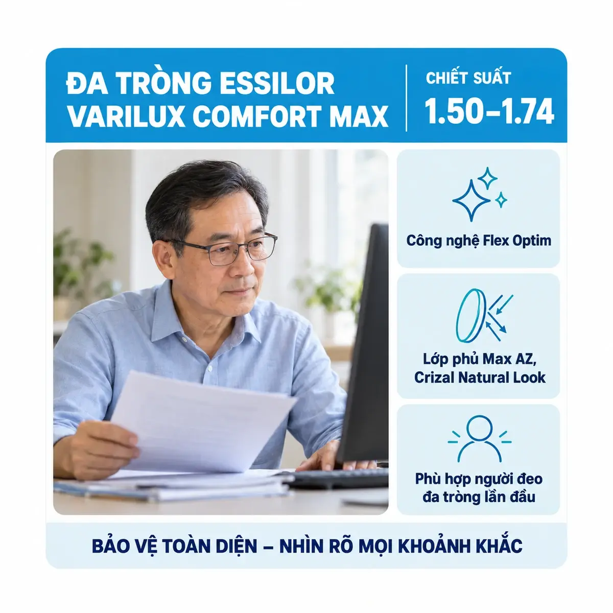 Tròng kính đa tròng Essilor Varilux Comfort Max: ảnh minh họa dùng kính trong sinh hoạt hằng ngày