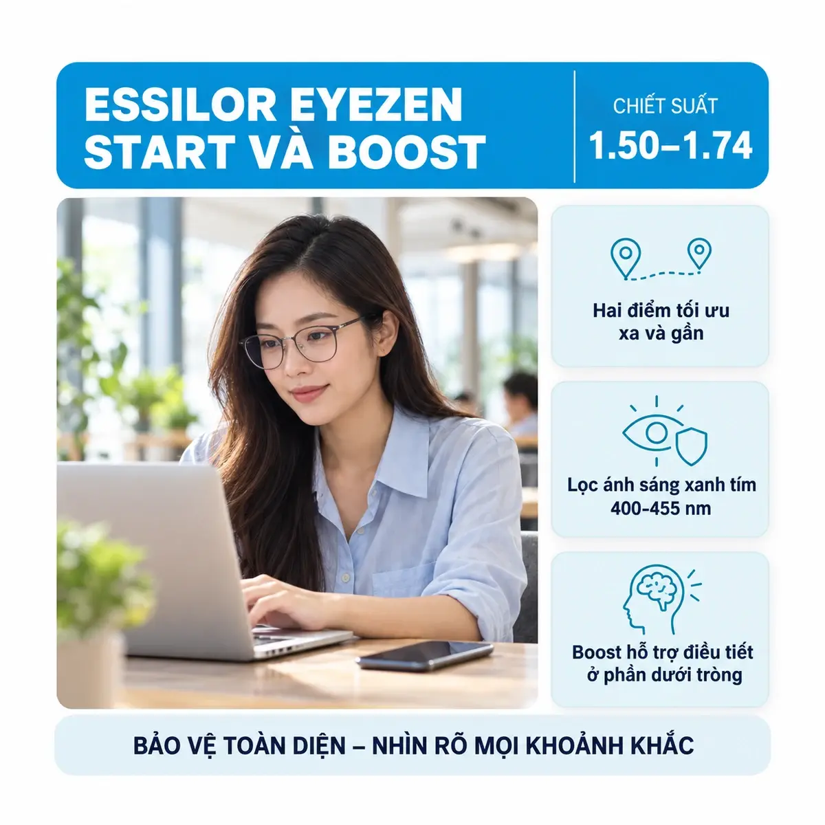 Tròng kính Essilor Eyezen Start và Eyezen Boost (đánh theo độ): ảnh minh họa người đeo kính trong sinh hoạt
