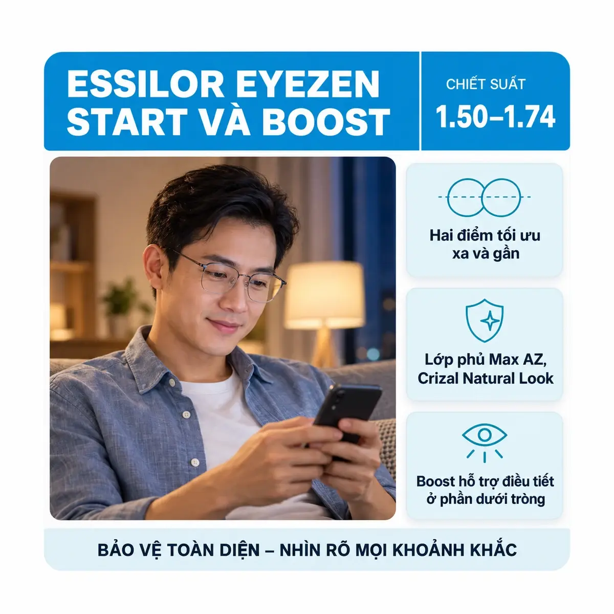 Tròng kính Essilor Eyezen Start và Eyezen Boost (đánh theo độ): ảnh minh họa dùng kính trong sinh hoạt hằng ngày