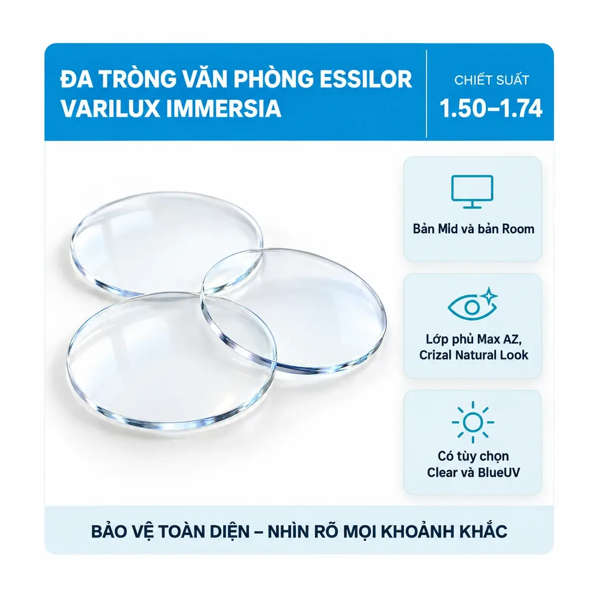 Tròng kính đa tròng văn phòng Essilor Varilux Immersia: ảnh tròng kính trên nền trắng