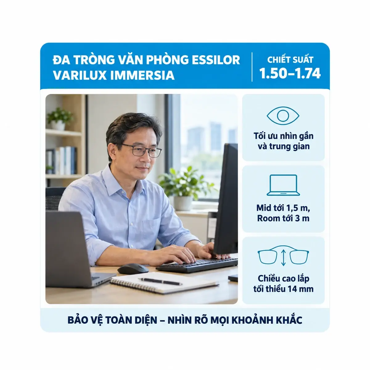 Tròng kính đa tròng văn phòng Essilor Varilux Immersia: ảnh minh họa người đeo kính trong sinh hoạt