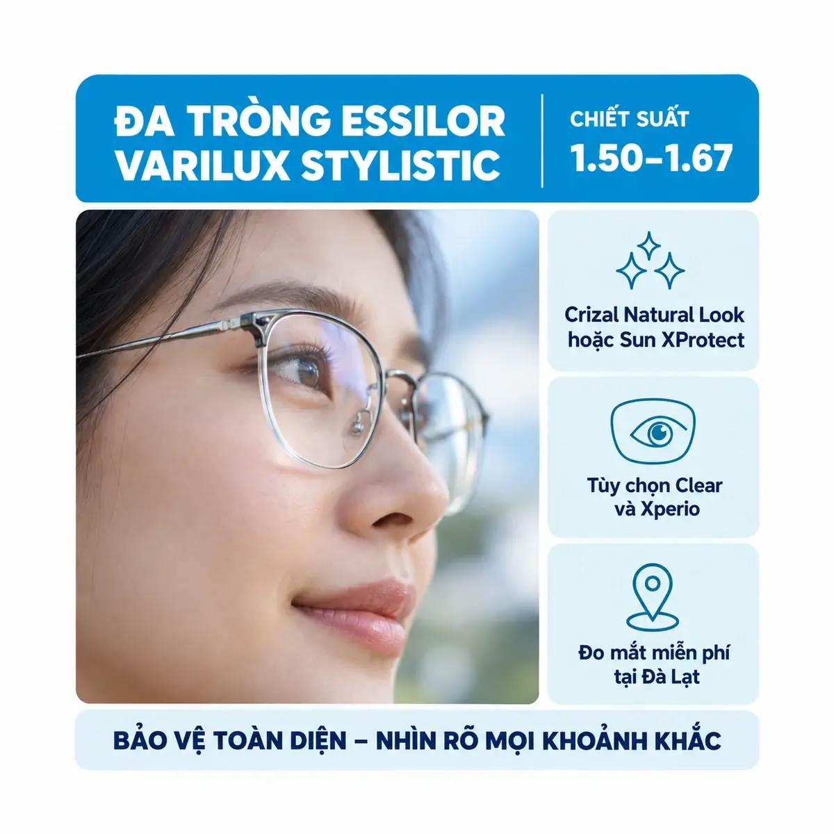 Tròng kính đa tròng Essilor Varilux Stylistic: ảnh cận cảnh bề mặt và mép tròng kính
